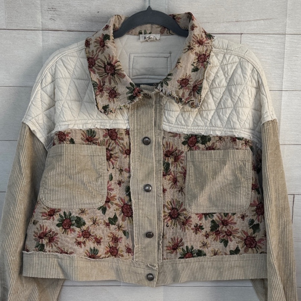 POL Floral Corduroy Sunflower Jacket - Cream and Tan size small